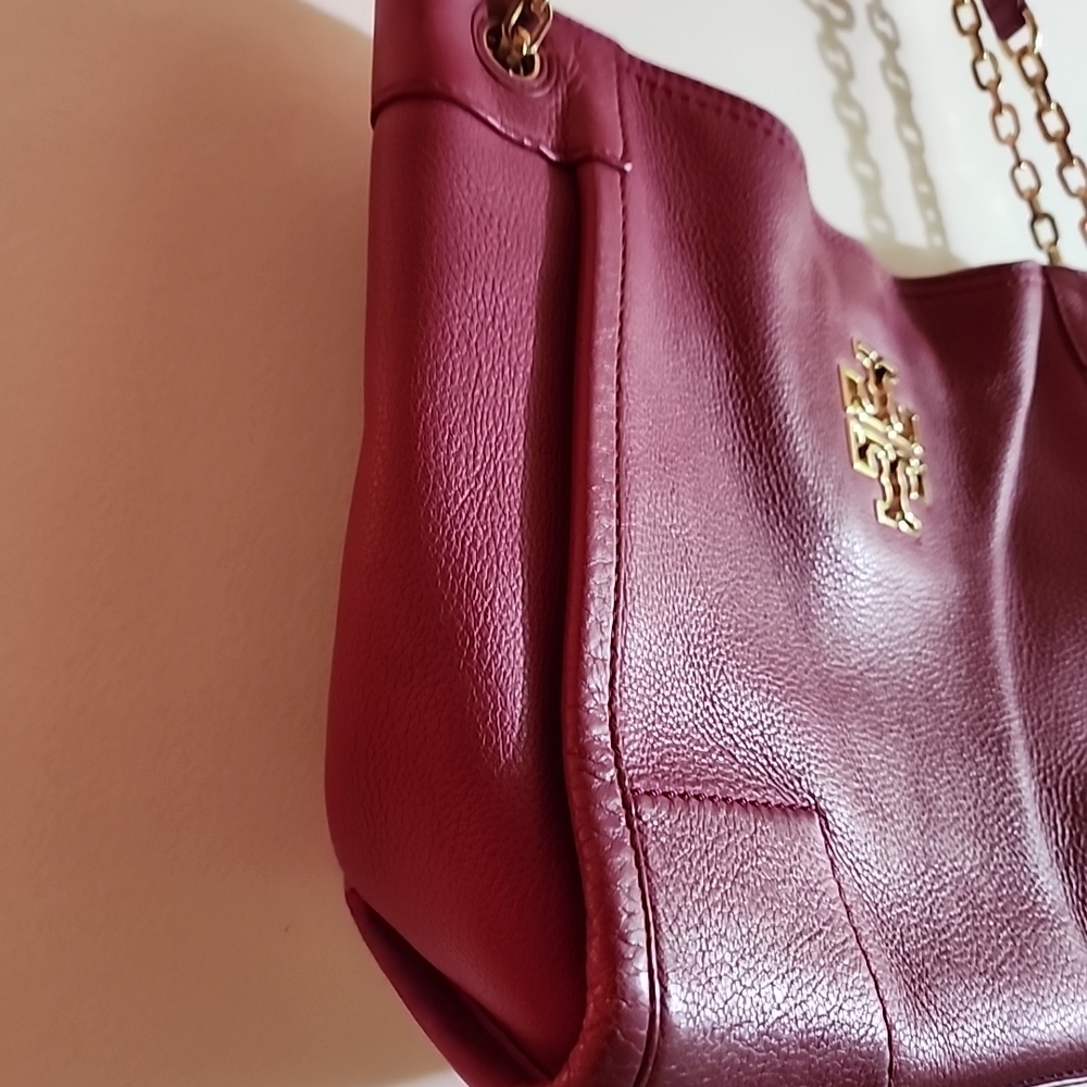 Tory Burch Britten Raspberry Color Leather Slouchy Shoulder Handbag - Picture 3 of 11